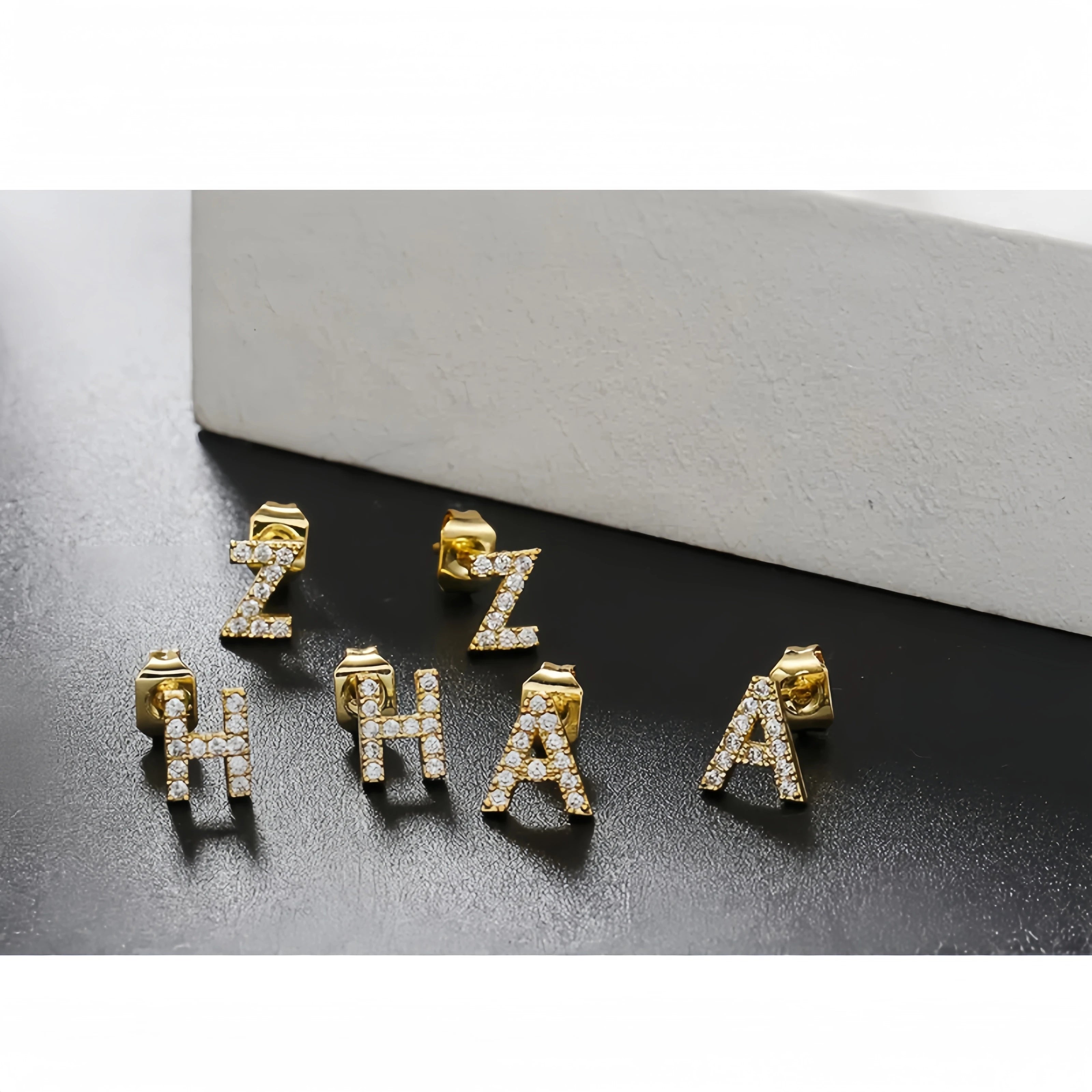 Trendy Alphabet Diamond Small Letter Ear Studs Brass Gold Plated Jewelry Zircon Dainty Initial Stud Earring for Women