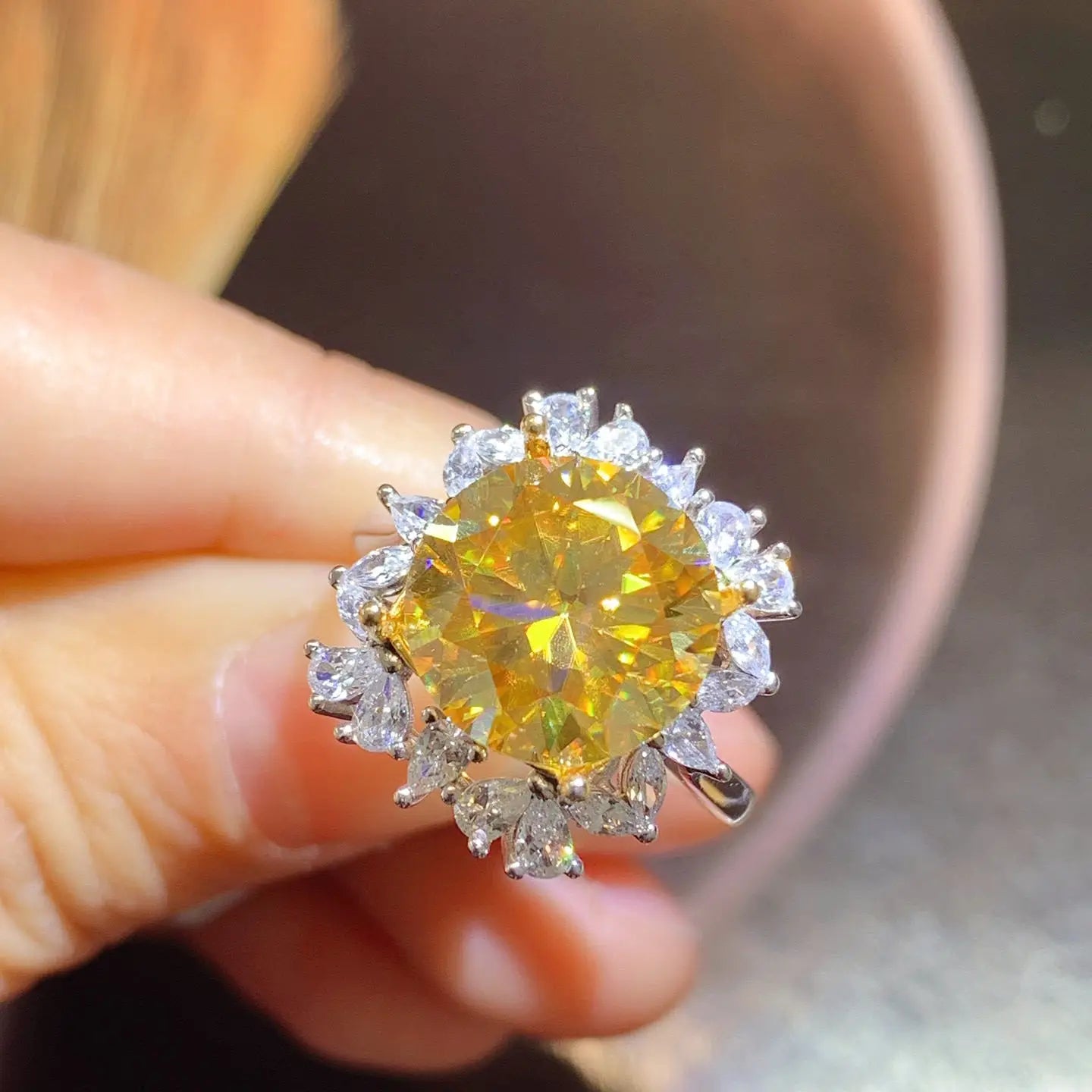 Silver 925 Original Excellent Cut 5 ct Diamond Test Past Sparkling Yellow Moissanite Snowflake Ring Brilliant Gemstone Jewelry