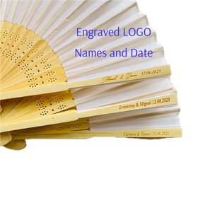 Cheap Silk Fabric Hand Fans Bamboo Handle Custom Hand Held Fan Engrave Names and Wedding Date As Wedding GIFTS