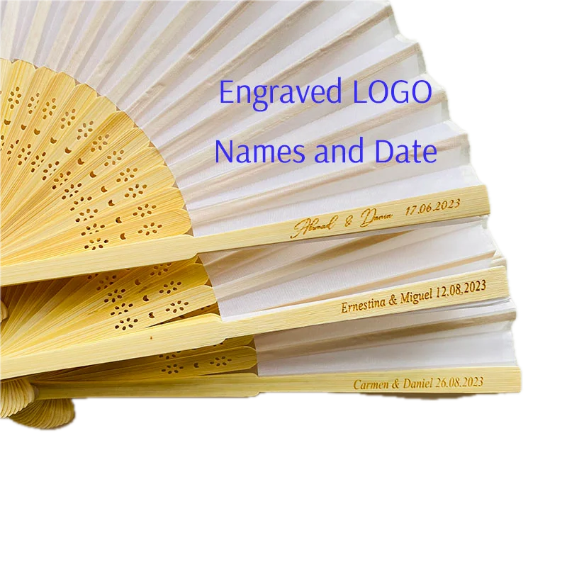Cheap Silk Fabric Hand Fans Bamboo Handle Custom Hand Held Fan Engrave Names and Wedding Date As Wedding GIFTS