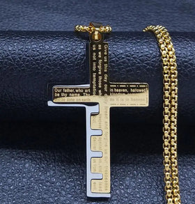 Caicai Men's Cross Necklace Stainless Steel Gold Silver Prayer Black Box Chain Necklace Waterproof Jewelry