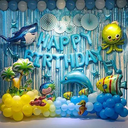 Huge Ocean Animals Birthday Party Decoration for Kids Blue Backdrop Shark Dolphin Balloons Ocean Theme Party Supplies X0103