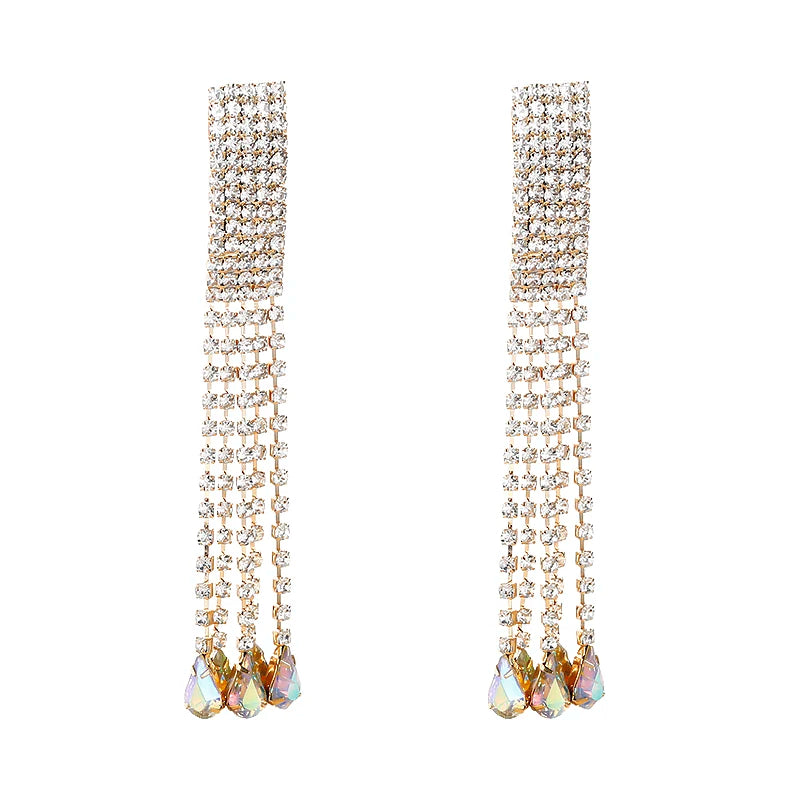 Wholesale Long Water Drop Dangle Earrings Jewelry Multi Rows Crystal Rhinestone Tassel Tennis Chain Earrings