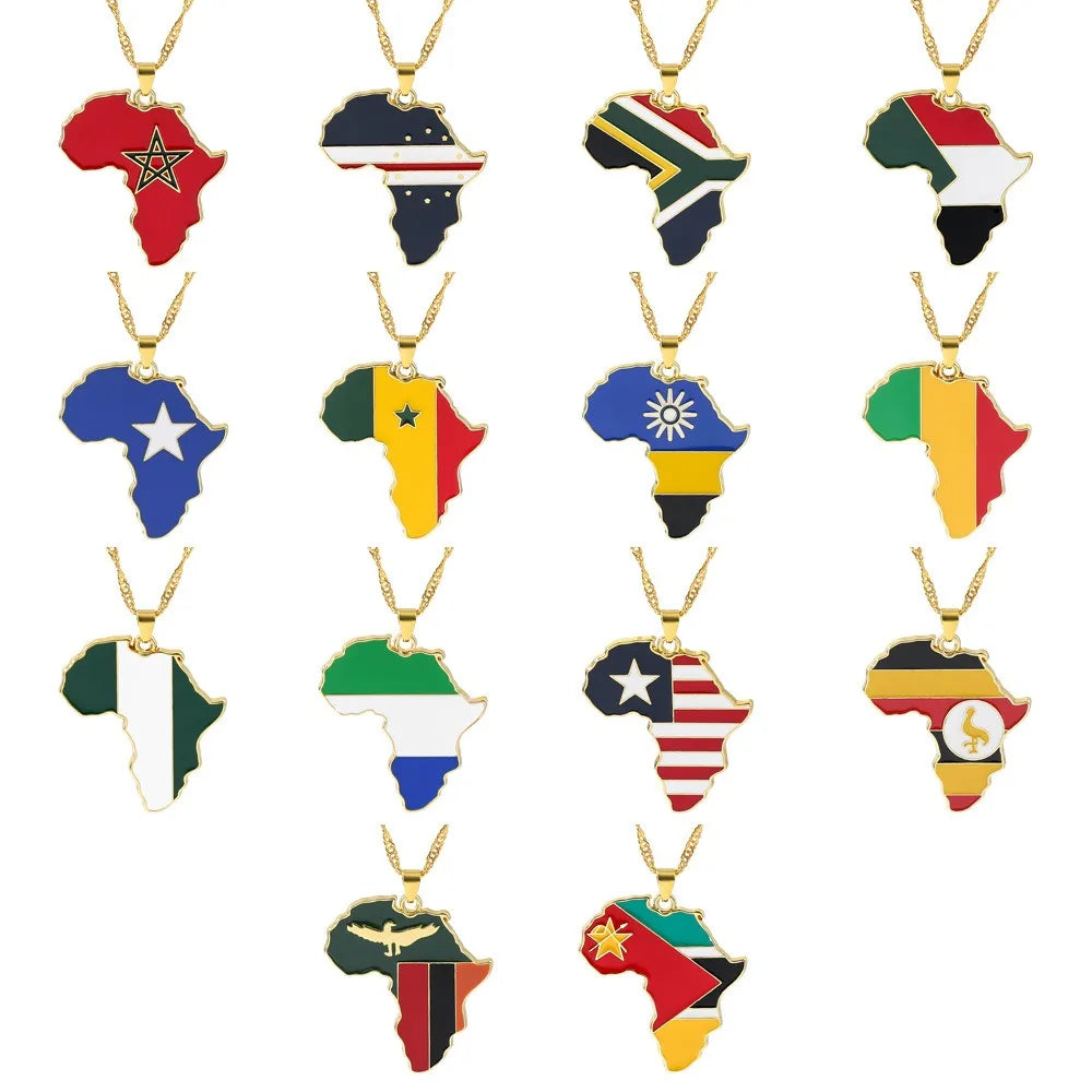 SC Fashion Africa Map Necklace Trendy Multiple Country National Flag Charm Necklace Gold Plated Africa Map Pendant Necklace