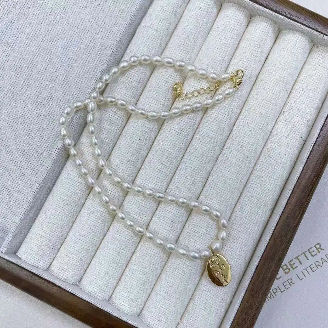 Fashion Design Gives You a Flower Necklace Choker38+5cm 5-6mm Natural Millet Bead Necklace Women's Pearl Jewelry