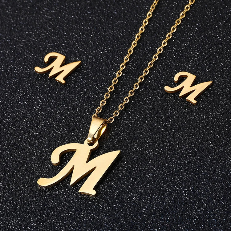 Fashion Silver Gold Plated Women A-Z Alphabet 26 Letters Pendant Earring Stainless Steel Initial Necklace Jewelry Set for Girls