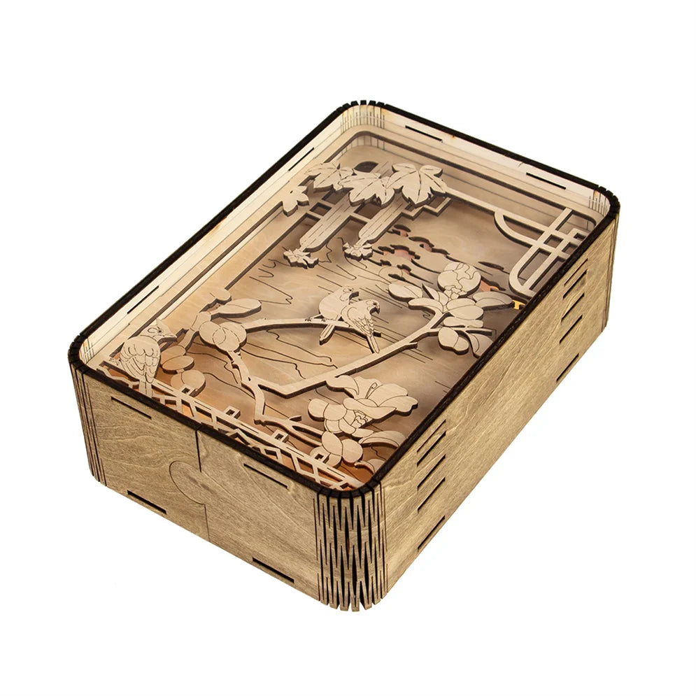 Wooden Night Lamp Bird Forest Scene Multilayer Shadowbox Laser Cut
