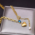 New Fashion 18k Gold Love Heart Pendant Necklace Stainless Steel Blue Zircon Waterdrop Necklace Jewelry Women