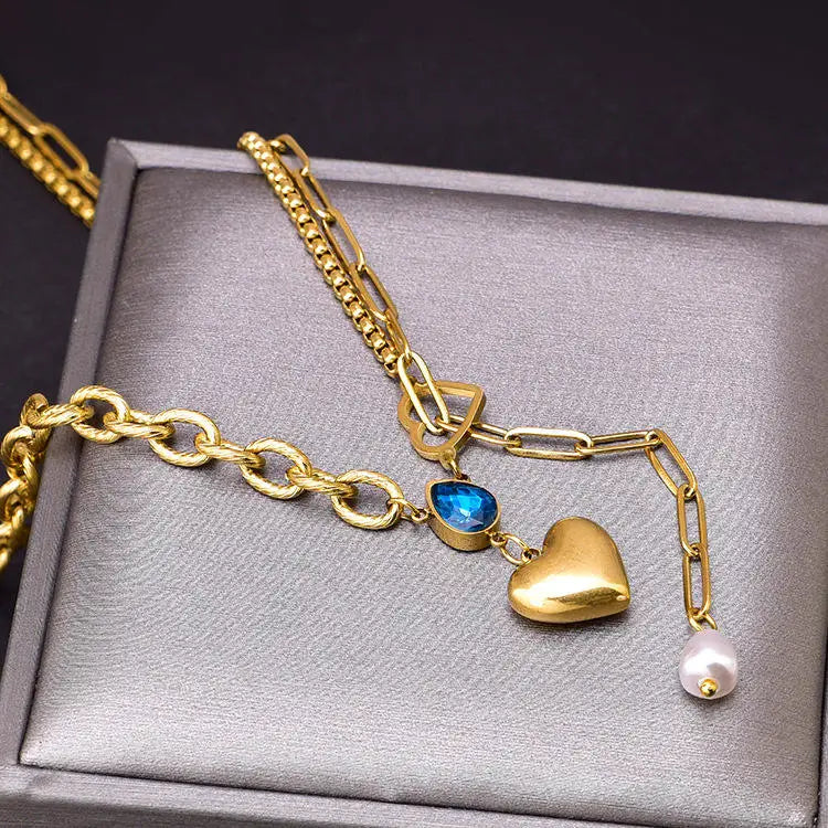 New Fashion 18k Gold Love Heart Pendant Necklace Stainless Steel Blue Zircon Waterdrop Necklace Jewelry Women