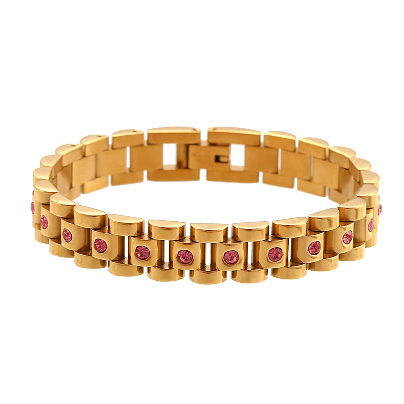 Hip Hop Popular Jewelry Stainless Steel 18k Gold Plated Bracelet Personality Multicolor Zircon Strap Bracelet for Women Girls