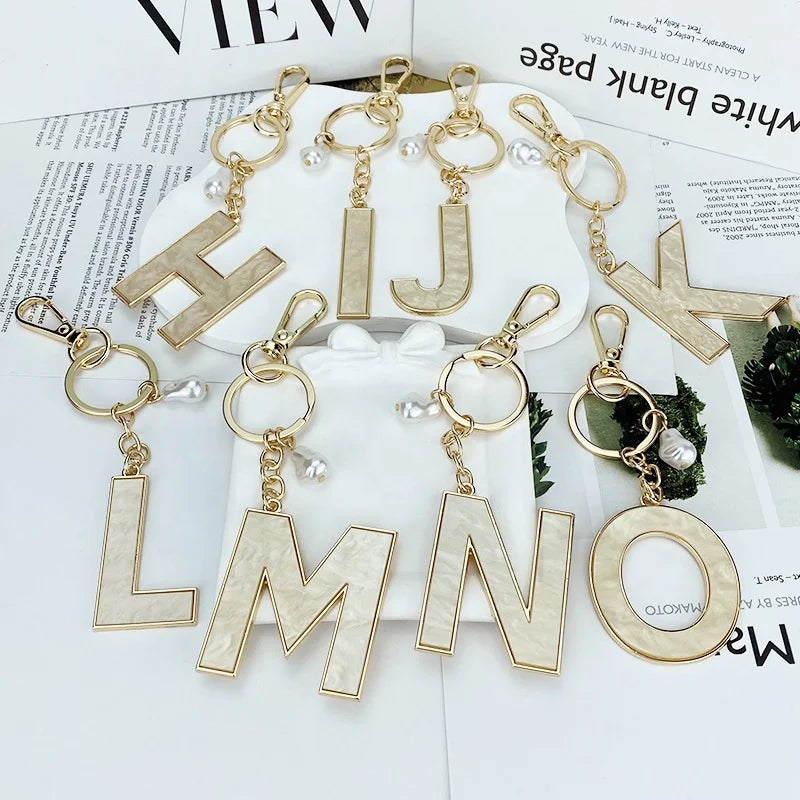 New Style Children's Metal Resin Letters Car Bag Phone Holder Key Chain 26 English Letters Imitation Pearl Charm