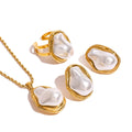 ERESI New 18k Gold Plated Hypoallergenic Stainless Steel Vintage Hyperbole Irregular Baroque Pearl Earrings Ring Necklace Set
