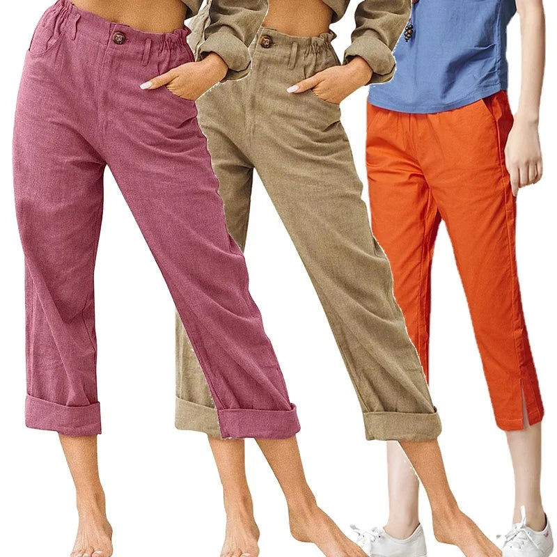 Womens Cotton Three Quarter Shorts Linen Knee Length Cuff Cropped Pants Elastic Waist Capri Trousers Harem Pants