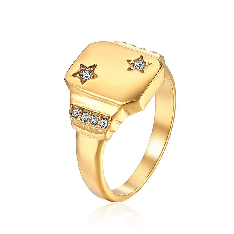 Stainless Steel Women Jewelry Wholesale 18K Gold Plated Pave Zircon Star Sign Signet Rings