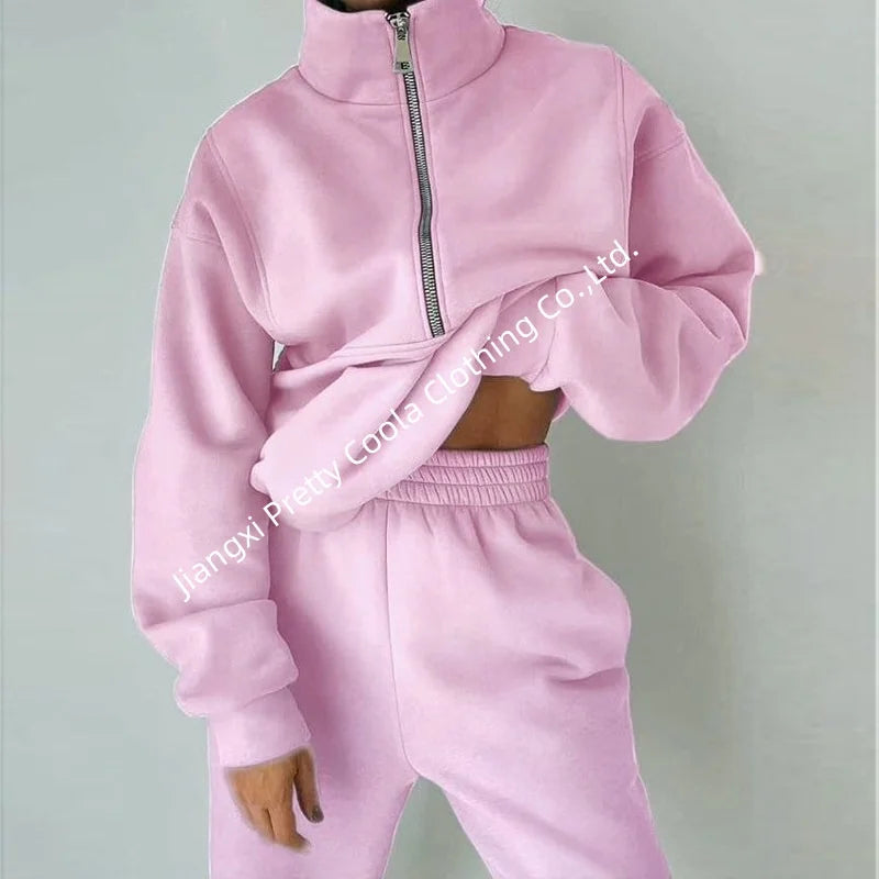 MS247 Fashion Collar Winter Tracksuit Half Zipper Fleece Sweatshirt and Sweatpants Set Comfortable 2-piece Set