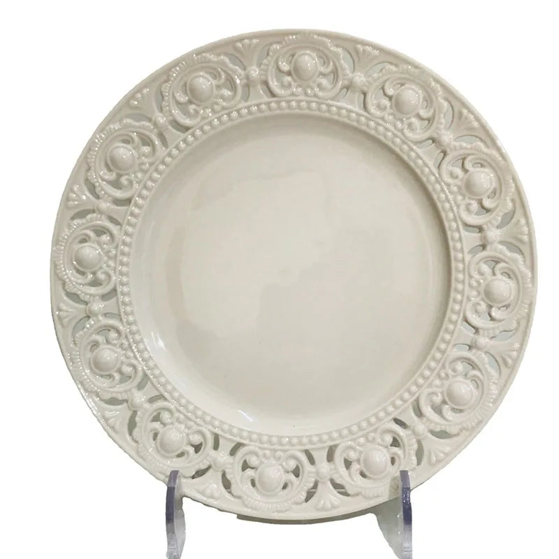 Creative and Simple Ceramic Household Embossed Plate European  Tableware Dessert Plate Embossed Hollow Porcelain Plate
