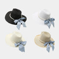 Women Fashion Summer Straw Hat with Pearl Bow Ribbon Brim Casual Seaside Vacation Sun Hat for Beach
