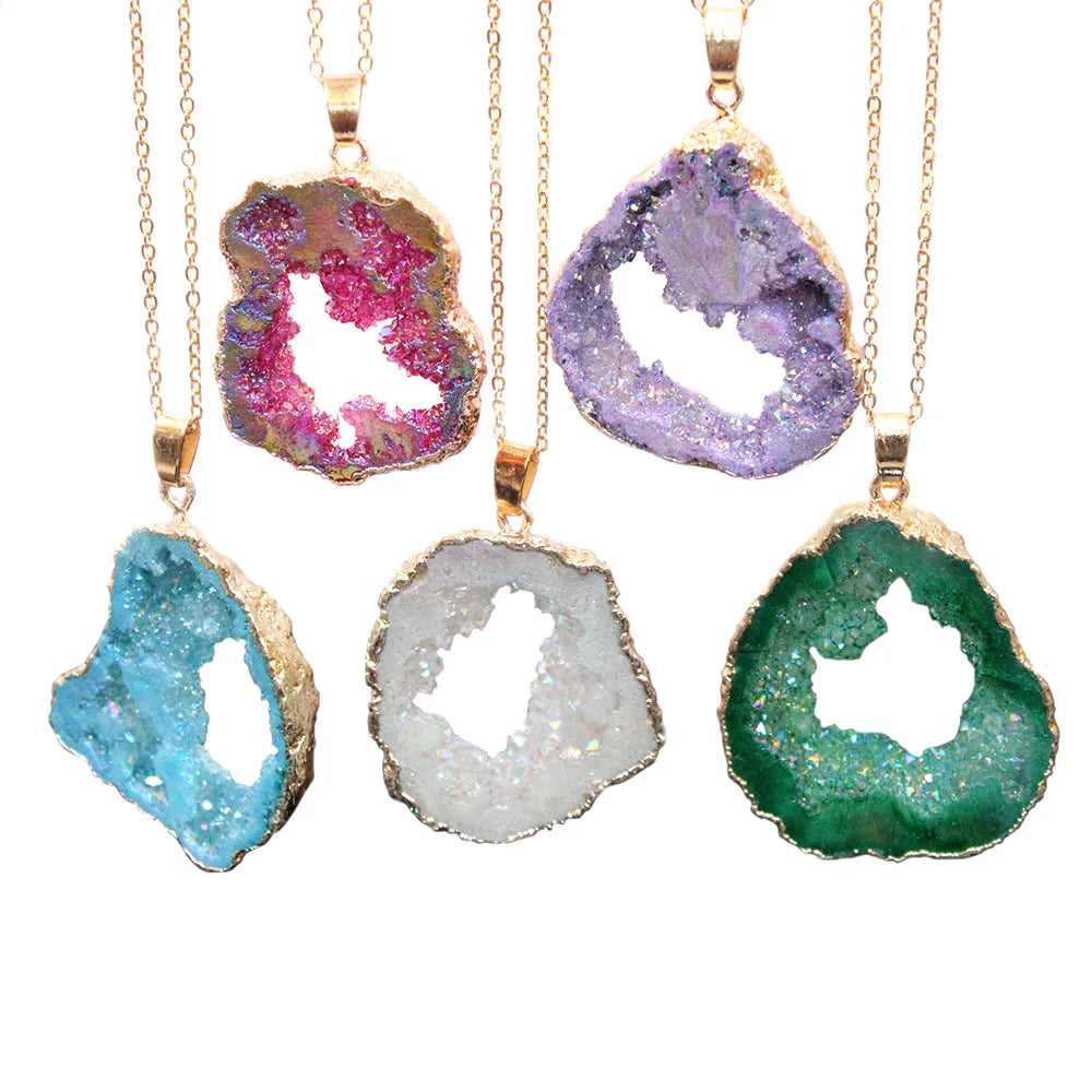 Natural Healing Gemstone Druzy Stone Raw Crystal Quartz Pendant Necklace fro Women and Girls Jewelry