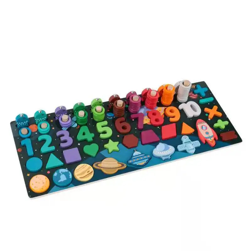 Universe Theme Montessori 5-in-1 Toddler Toys Colorful Wood Alphabet Number Sorting Fishing Jigsaw Puzzle Educational Kids' Game