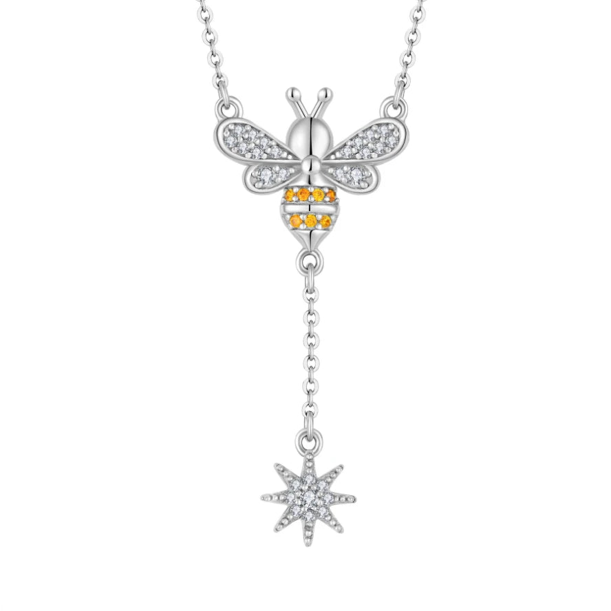 925 Sterling Silver Rhodium Plated Honeybee & Star Pendant Necklace for Women