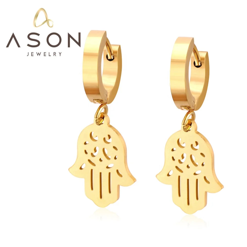 Ason Wholesale Fashion Jewelry Stainless Steel Huggie Earrings Ladies Hamsa Hand Charm Hoop Earrings