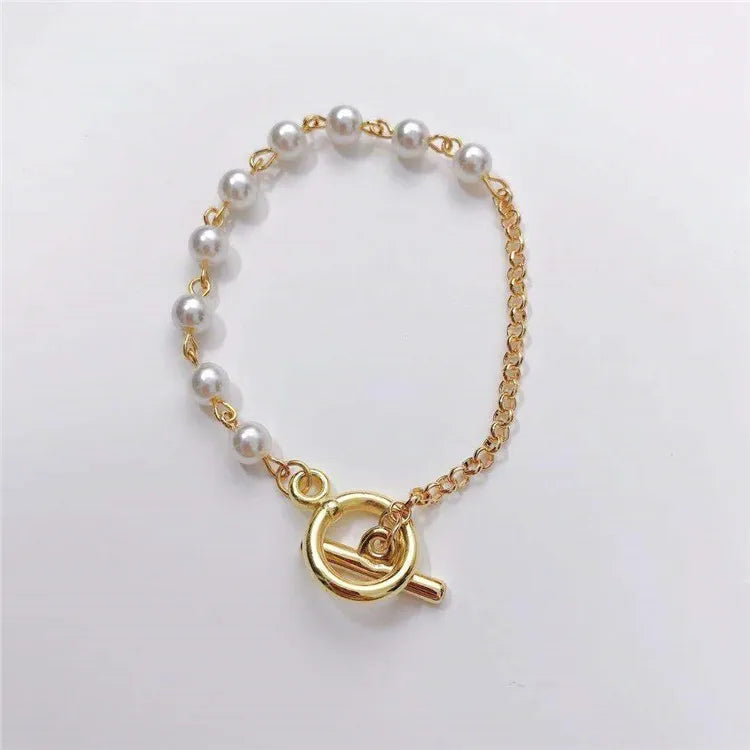 New Arrival Fashion Imitation Pearl Gold/Silver Plated Zinc Alloy Beaded Link Chain Bangles OT Clasp Lock Trendy Jewelry Women