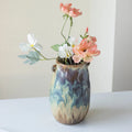 Handcrafted Reactive Glaze Ceramic Vase | Blue Green Rustic Decorative Vase with Side Handles for Home & Garden Decor