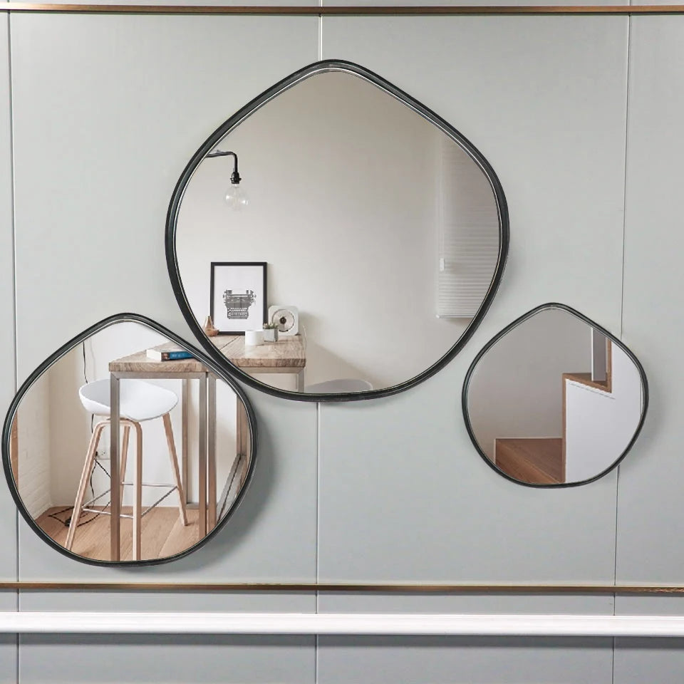 SET 3 Easy to Install Modern Indoor Decorative Gold Black Wall Mirrors  Minimalist Art Decor Framed Mirror