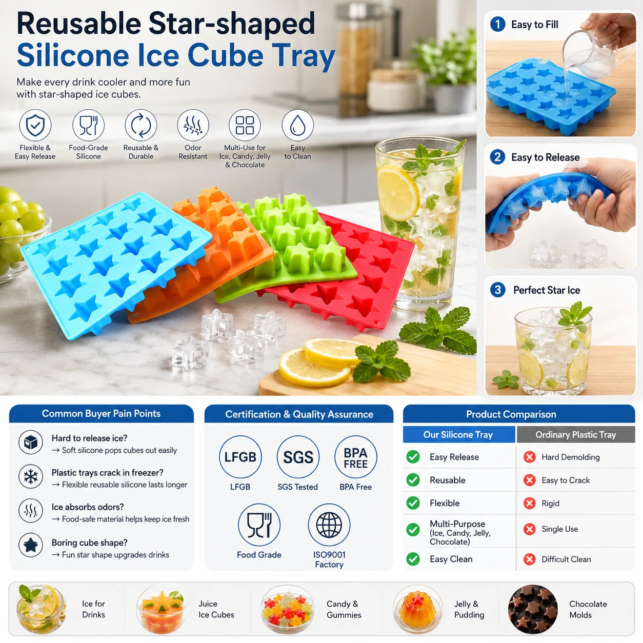 Custom Logo Star-shaped Silicone Ice Cube Tray Food Grade Flexible Mold Factory Direct Wholesale for Private Label Branding