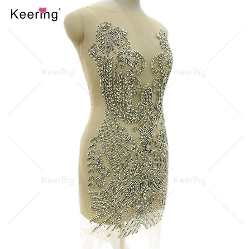 WDP-406 2024 Black Silver Multicolored Crystal Bodice Panel Large Rhinestone Metal Applique for Birthday Dress