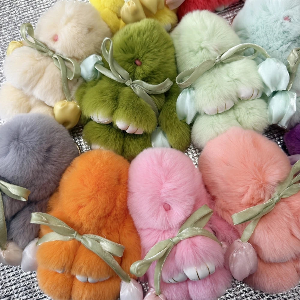 Plush Toy Tulip Bunny Doll Kids Toys Gift Cute Fluffy Rabbit Keychain with Bow 15cm Fur Key Chains Bag Lovely Keyring Pendant MegaBDM