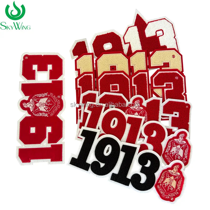 Stock Wholesale Chenille 1913 Number Set Red Delta Sorority Greek Letters Embroidered Iron on Patch for Jacket