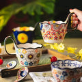 M Ceramic Mug Hand-painted Flower Handle Coffee Cup with Small Spoon Office Home Breakfast Milk Cup Holiday Gift for Couples