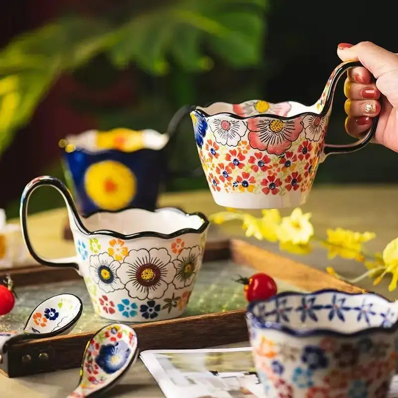M Ceramic Mug Hand-painted Flower Handle Coffee Cup with Small Spoon Office Home Breakfast Milk Cup Holiday Gift for Couples