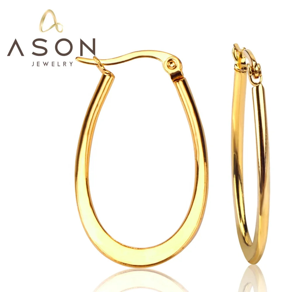 Ason Jewelry Fashion Stainless Steel Hoop Earrings Flat Oval Shape Gold Plated Hoop Earrings for Women