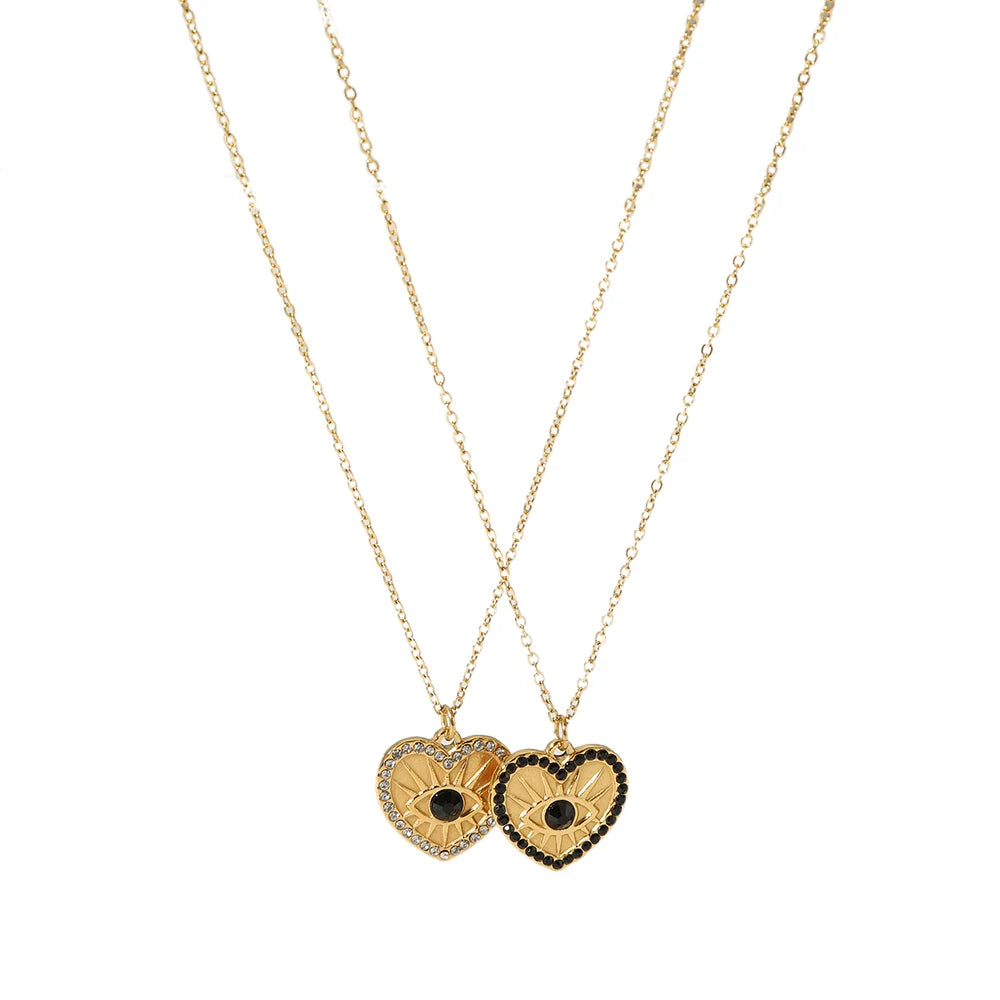 Popular Designs Stainless Steel PVD Plated Diamond Black Evil Eyes Heart Shape Fashion Pendant Necklace for Girls