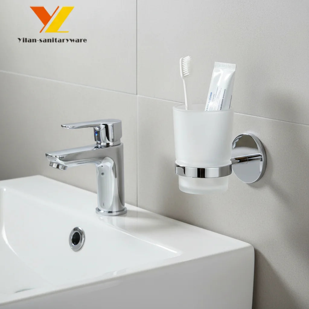 Wall Mounted Metal Two-piece Tumbler & Toothbrush Holder with Chrome/Matt Black Finish Adhesive Eco-Friendly Modern for Bathroom