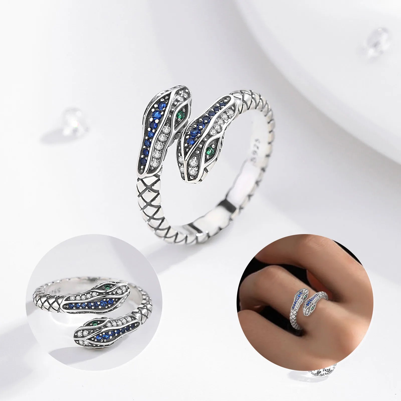 Merryshine Hip Hop Punk Gothic Jewelry Zircon Finger 925 Sterling Silver Snake Ring for Women
