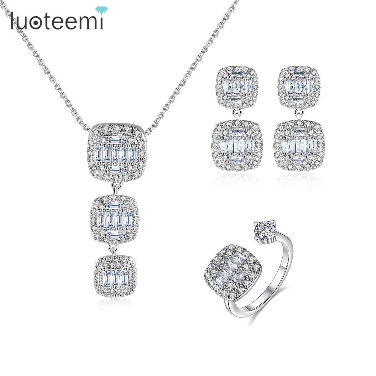 LUOTEEMI Square Diamond Fashion Bridal Zirconia Jewelry Set Hot Sale Ice Out Clear CZ Jewelry