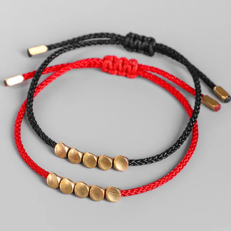 Handmade Tibetan Buddhist Lucky Bracelet Creative Irregular Copper Alloy Beads Red Black Rope Adjustable Trendy Style (KB8405)