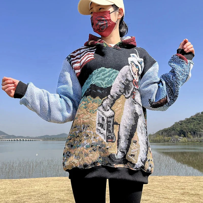 Winter Casual Jacquard Woven Hoodie with Astronaut Moon Landing Pattern Eco-Friendly Breathable Customizable Size/Pattern Unisex