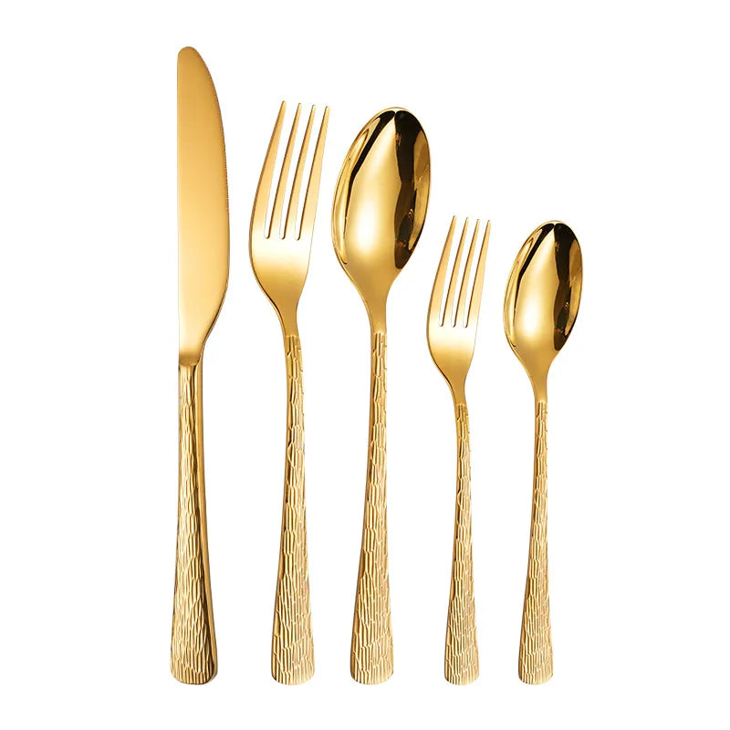 New Tree Pattern Handle Stainless Steel Golden Cutlery Set Spoon Knife Fork Silverware Gold Flatware Set for Wedding