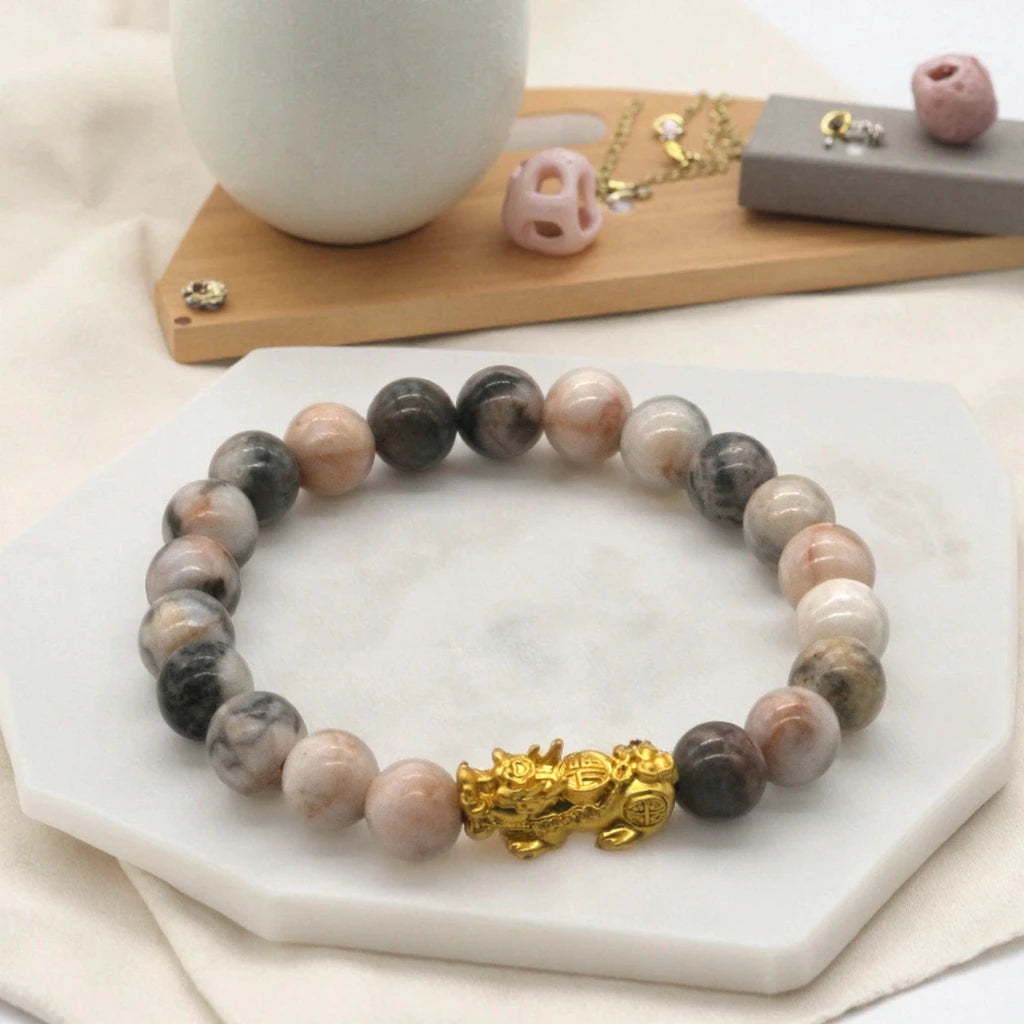 Wholesale Fengshui Pixiu Charms Gold Plated 8mm Natural Stone Bracelets Lucky Pink Zebra Stone Beads Bracelets