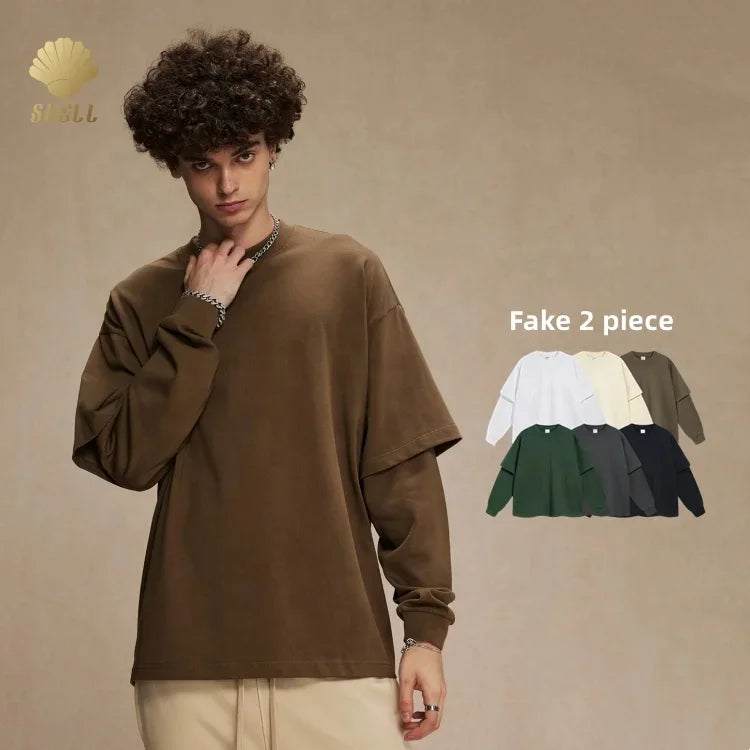 CNSHELL 305gsm Earth Tone Color Pure Faked 2 Piece Crew Neck Rib Cuff Regular Hem Long Double Sleeve T Shirts