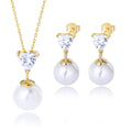 Custom Luxury Vintage 925 Silver Fine Claw Setting Triangle CZ Gold Plated Pearl Charm Earring Necklace Jewelry Set Wedding