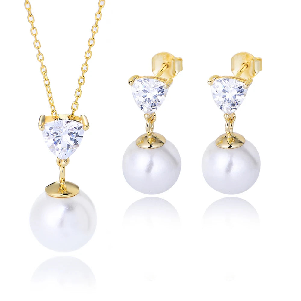 Custom Luxury Vintage 925 Silver Fine Claw Setting Triangle CZ Gold Plated Pearl Charm Earring Necklace Jewelry Set Wedding
