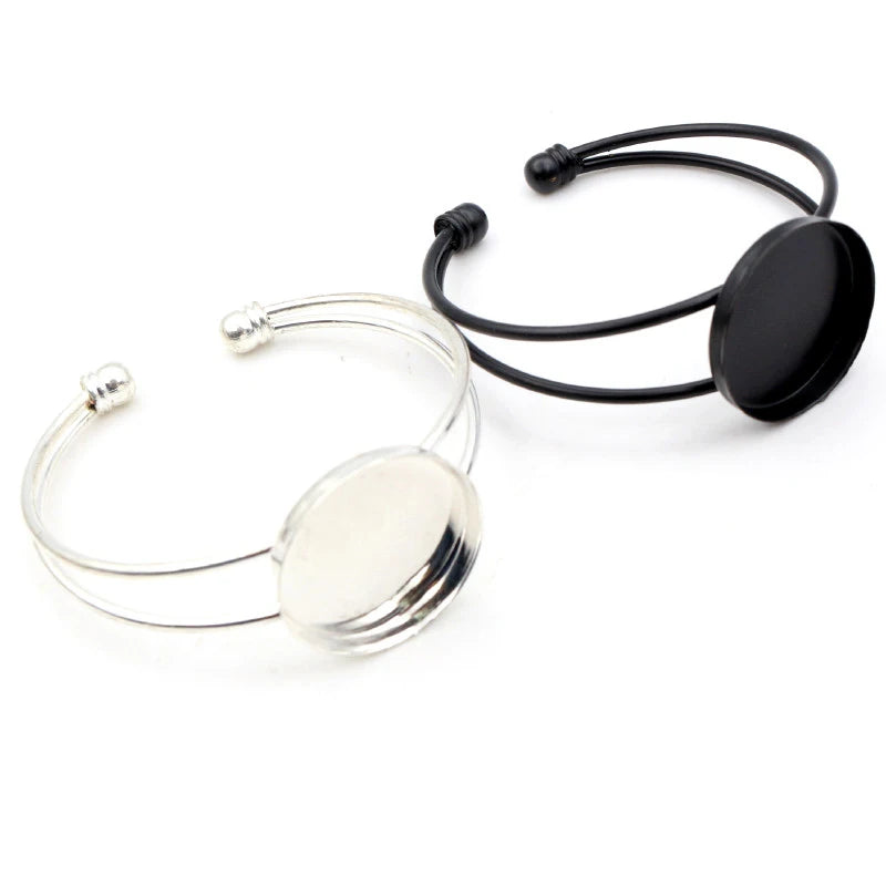 High Quality 25mm Black Silver Plated 4 Colors Bangle Base Bracelet Blank Findings Tray Bezel Setting Cabochon Cameo Accessories