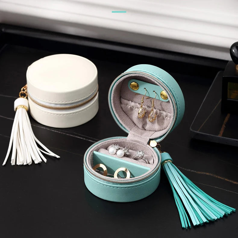 Custom Portable Mini Cylinder Round Jewelry Box with Tassel Organizer for Earrings Necklaces and Rings Travel Friendly
