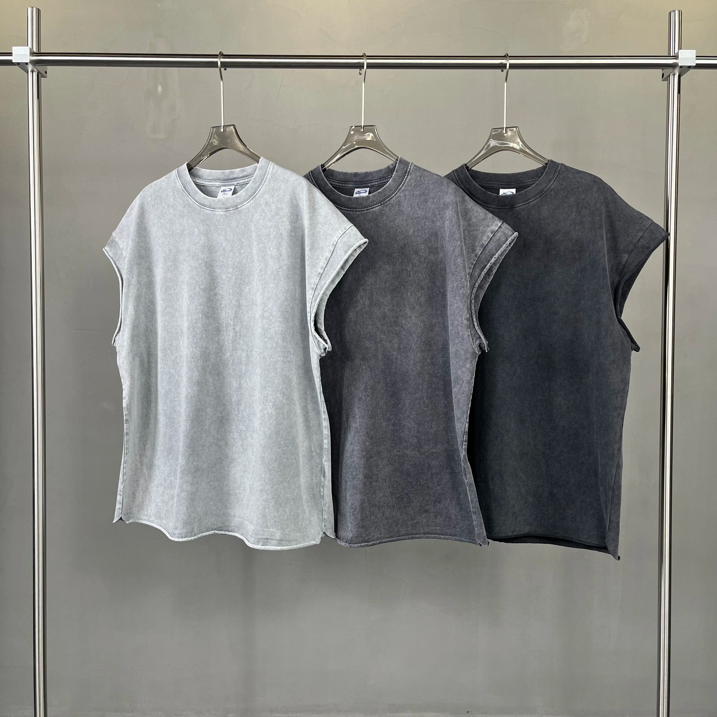 2025 New Arrivals Boys Hip Hop 100% Cotton Gym Stringer Tank Tops Sleeveless Casual Loose Blank Raw Edge Acid Wash for Men