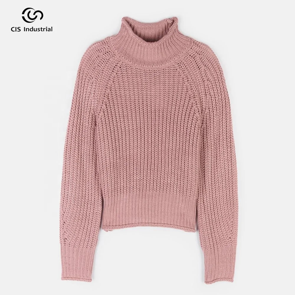 Wholesale Custom Soft Knit Women's Pullover Sweater Long Sleeve Crochet Top with Roll-Edge Turtleneck Casual Style for Autumn